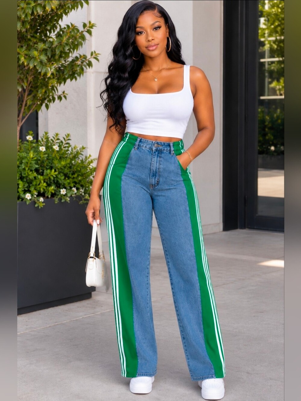 NEW!!! Stylish Women's Denim & Green Pants with Side Stripes,NWT